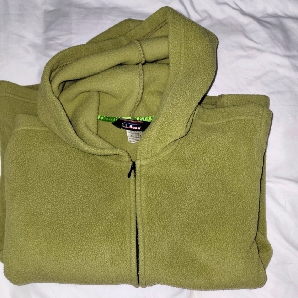 LL Bean Pea Green Womens Fleece Hooded Zip Front Jacket Medium